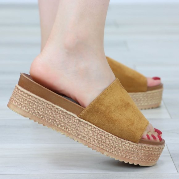 faux Suede Tan Comfort Platform Sandal Slip On Sliders - Picture 11 of 12